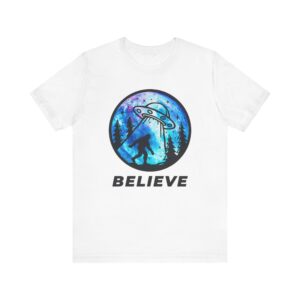 Cosmic Bigfoot Tee - Unisex Jersey Short Sleeve, Believe Graphic Shirt, Fun UFO Tee, Great for Camping & Gifts