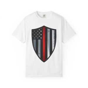 The Thin Red Line Shield T-Shirt - Unisex Garment-Dyed Tee, Casual Wear, Everyday Comfort, Gift for Veterans, Memorial Day, 4th of July